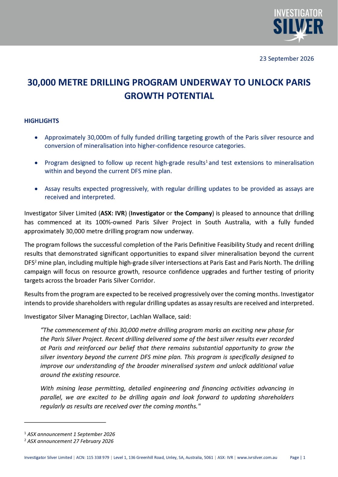 30,000m Drilling Program Underway to Unlock Paris Growth